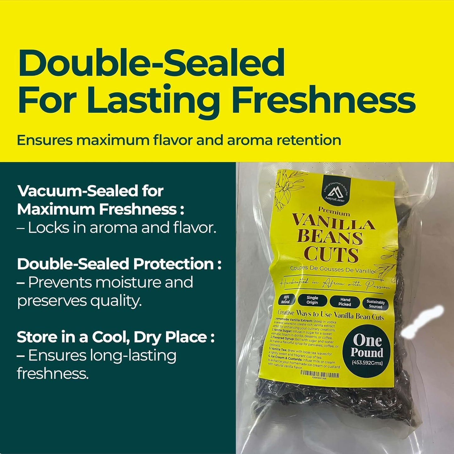Packaged vanilla beans with a yellow label on a white background, featuring text about double-sealing for freshness.