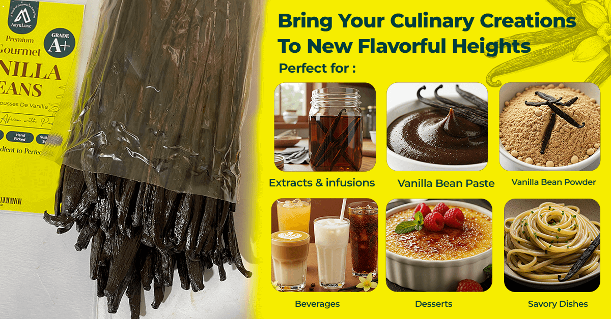 Packaged vanilla beans with promotional text and images of vanilla products.
vanilla bean
natural vanilla
vanilla beans
