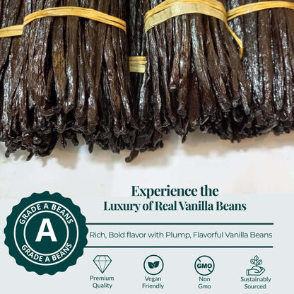 Experience the Luxury of Real Vanilla Beans .  Rich, Bild Flavor with plump, flavorful vanilla beans.  Premium Quality, vegan Friendly , NON GMO , Sustainably Sourced.  
Grade A Beans
vanilla vs vanillin
 (coupes de gousses de vanille)
