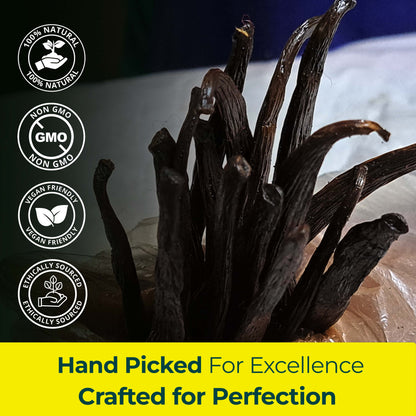 Hand Picked For Excellence crafted for Perfection.  100% Natural , Non GMO, Vegan Friendly, Ethically sourced.
Hand Picked for Excellence crafted for Perfection(coupes de gousses de vanille)