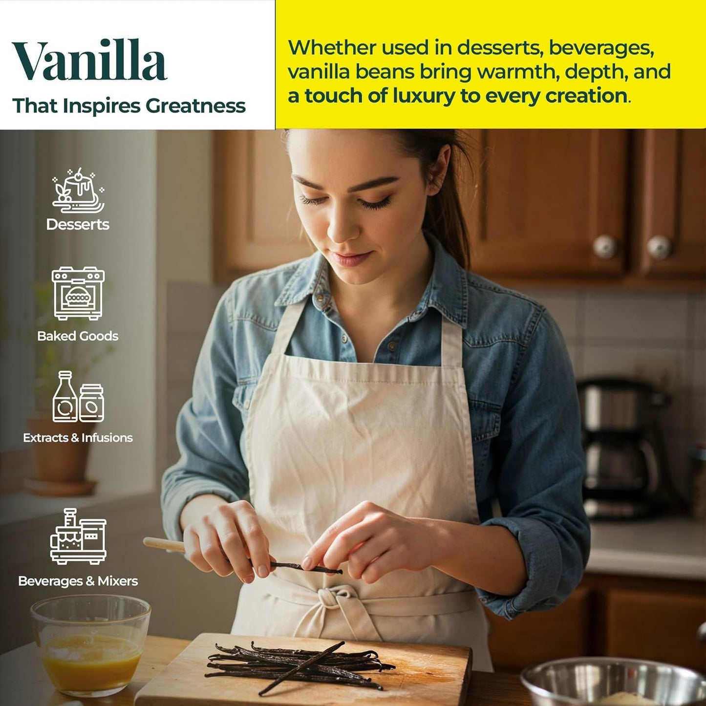 woman using vanilla beans in kitchen for baking desserts extracts and beverages premium natural vanilla cooking preparation