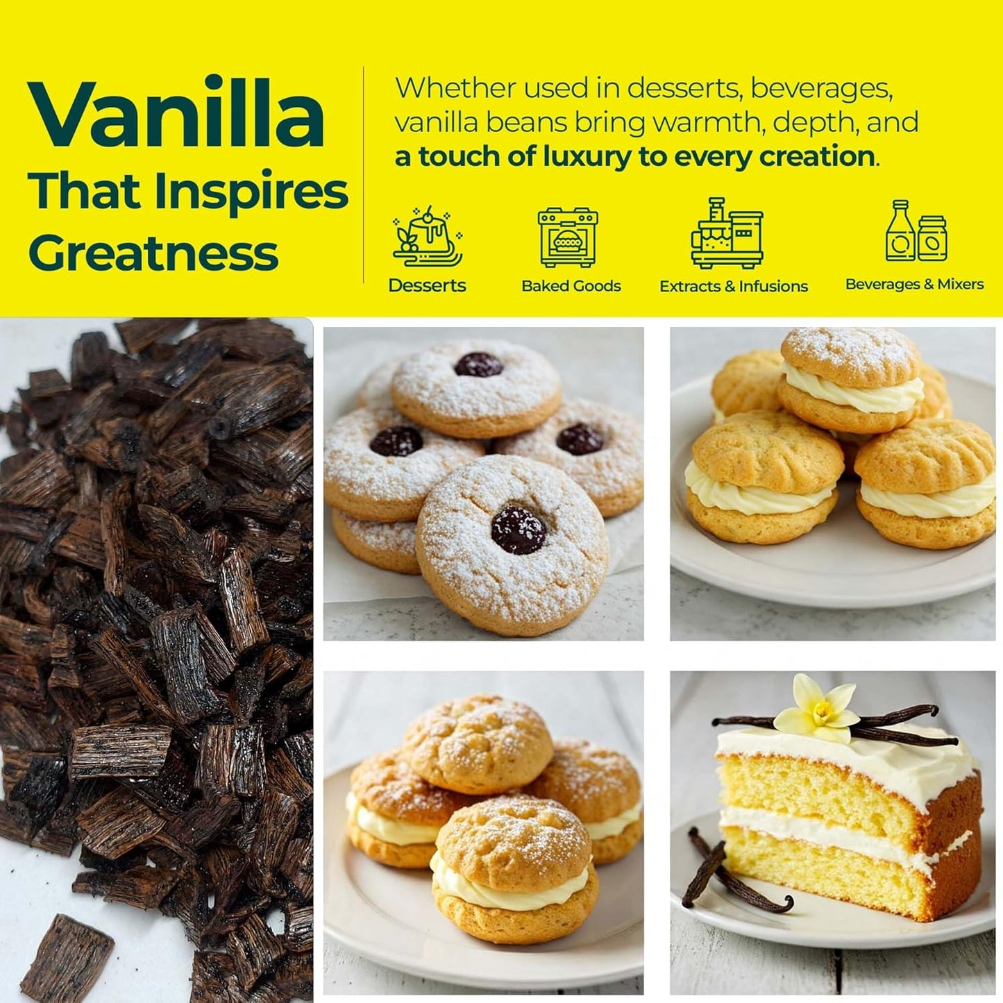 Grade B vanilla bean cuts used in desserts baked goods extracts and beverages premium natural vanilla for baking and food use