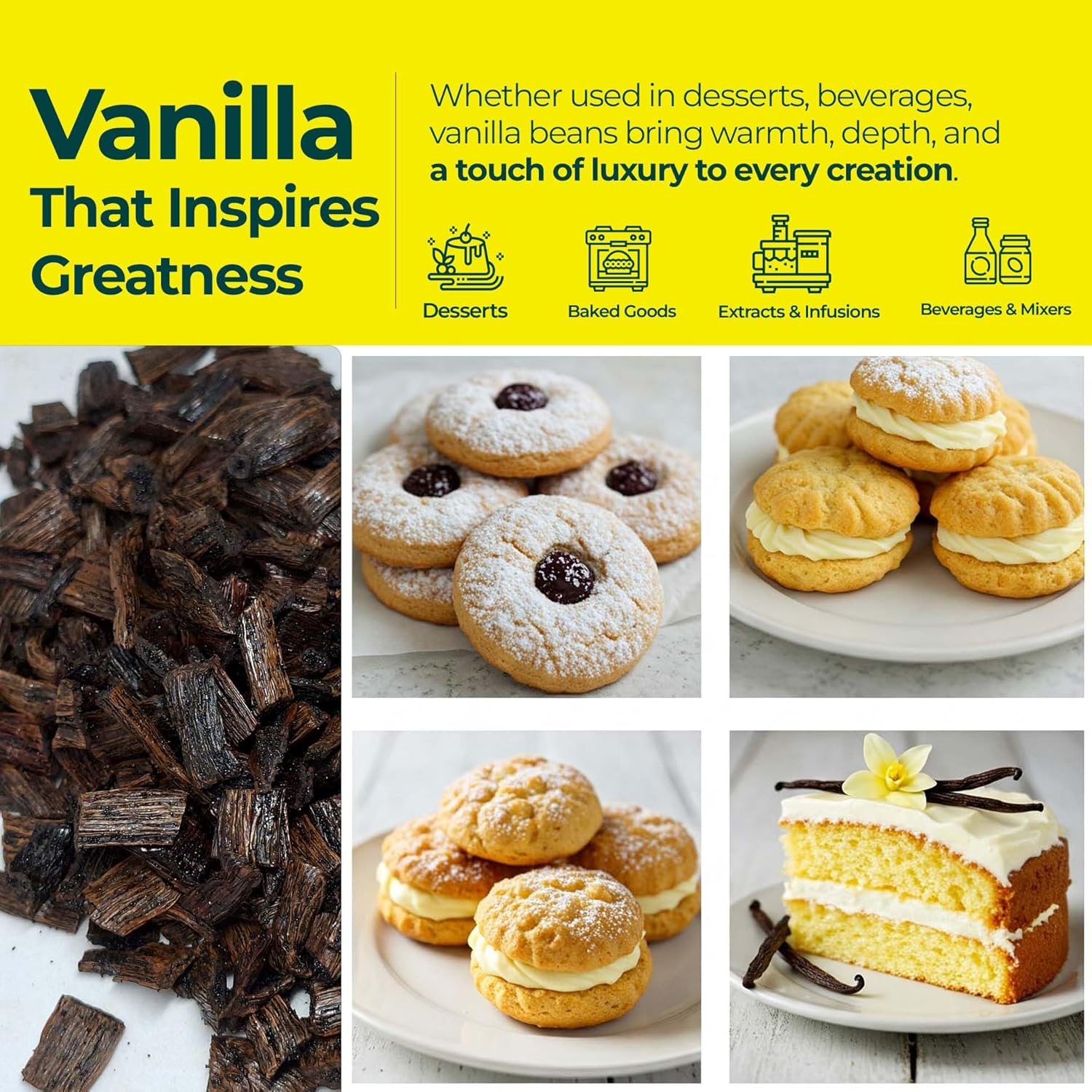Grade B vanilla bean cuts used in desserts baked goods extracts and beverages premium natural vanilla for baking and food use